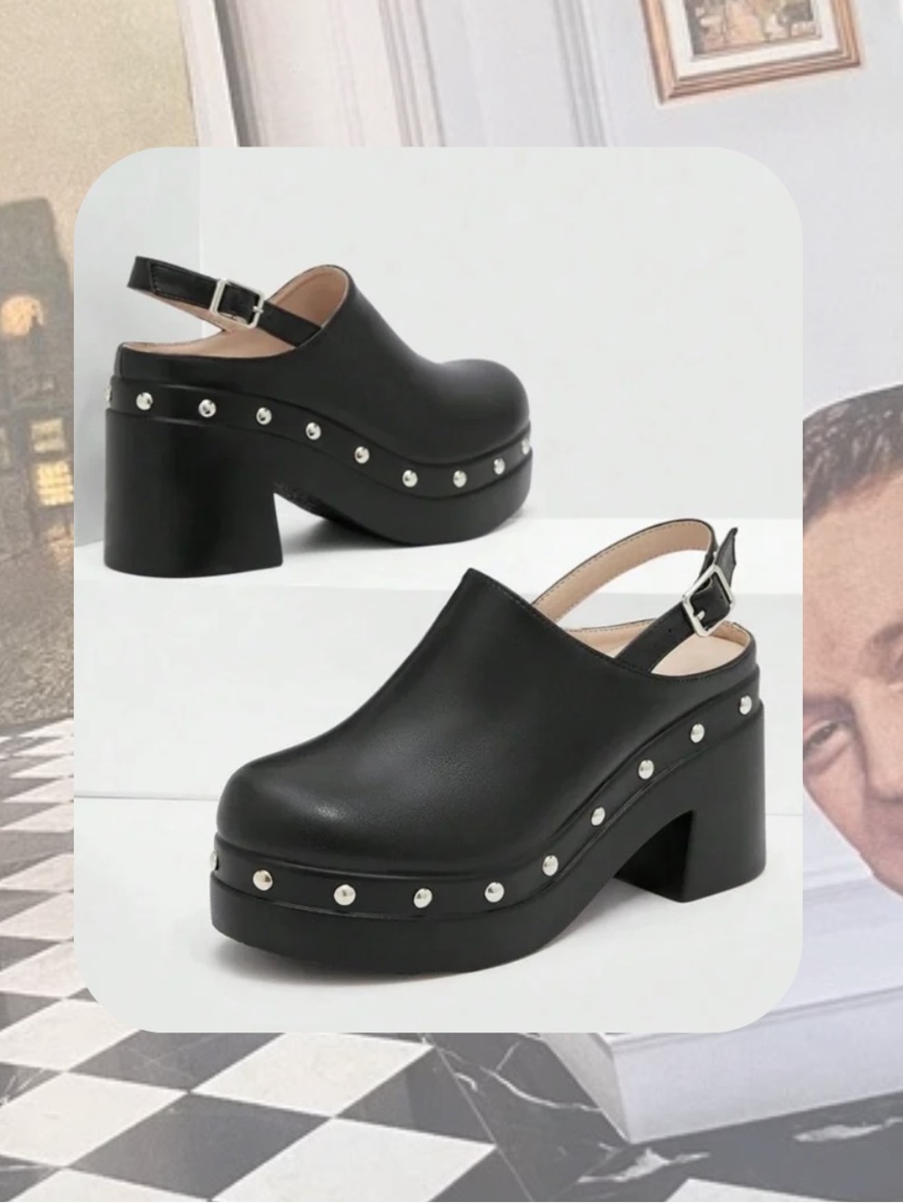 🎉Black Studded Platform Slingback Mules